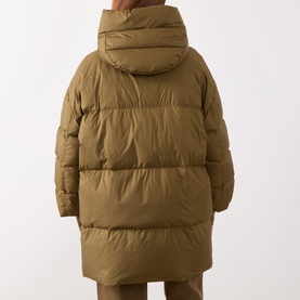 Model wearing Marella oil green quilted hooded puffer coat, rear view showing padded panels and mid-length silhouette