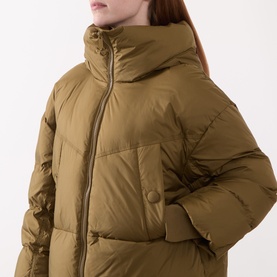 Model wearing Marella Oil Green quilted puffer coat with high funnel neck, zip fastening and snap button cuff detail.