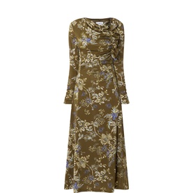 Marella Kaki Flower midi dress with long flared sleeves, cowl neck, ruched waist detail, and floral print on khaki ground.