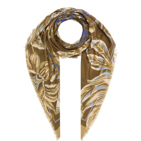 Marella wool scarf in Wool White with gold, blue and cream botanical leaf print, frayed edges, styled flat in diamond shape