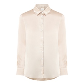 Marella turtledove satin shirt with classic collar, button-front placket, and long sleeves in acetate-silk blend