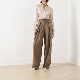 Model wearing Marella turtledove silk-blend satin shirt, styled with wide-leg taupe trousers and cream pointed-toe flats.