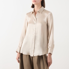 Model wearing Marella turtledove satin shirt with point collar and button front, styled with khaki wide-leg trousers.
