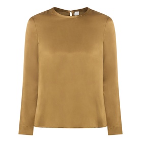 Marella oil green long-sleeve satin blouse in acetate-silk blend with crew neck and button back detail