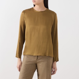 Model wearing Marella oil green long-sleeve silk-blend blouse with crew neck, styled with beige tailored trousers.