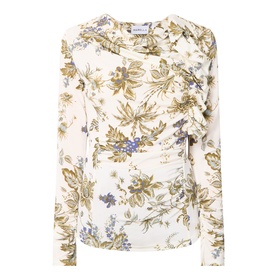 Marella wool white floral print long-sleeve top with ruched front detail and gathered shoulder, 92% viscose stretch fabric