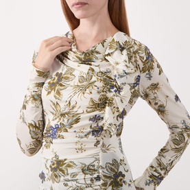 Model wearing Marella wool white floral print ruched long-sleeve top in viscose blend, styled close-up showing gathered front detail