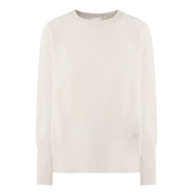 Marella turtledove wool knit top with raglan sleeves, ribbed cuffs and hem, and subtle logo detail