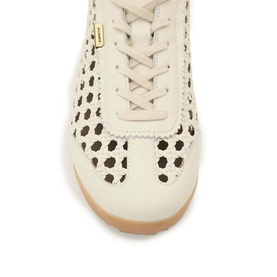 All Saints trainer in Parchment White with woven cut-out leather upper, lace-up fastening, and tan gum sole, top-down view.