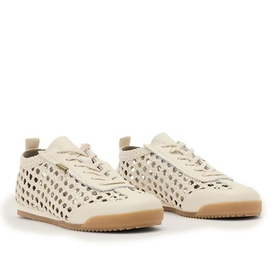 All Saints parchment white perforated leather lace-up trainers with gum sole, pair shown at angle