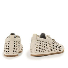 All Saints parchment white leather perforated lace-up shoes, back view showing cut-out detailing and tan rubber sole.