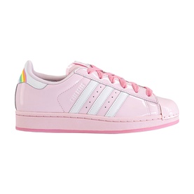 Adidas Superstar trainers in pink patent leather with white three stripes, iridescent heel tab, and pink sole