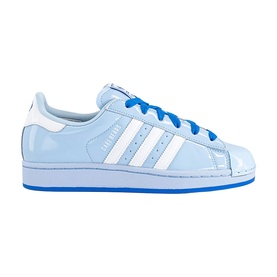 adidas Superstar trainer in light blue patent leather with white three stripes, blue laces and blue sole