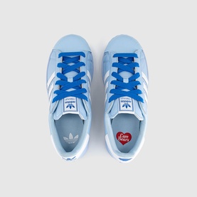 Adidas Campus 00s pale blue suede trainers with royal blue laces, white shell toe, and Love Hearts insole branding, top-down view