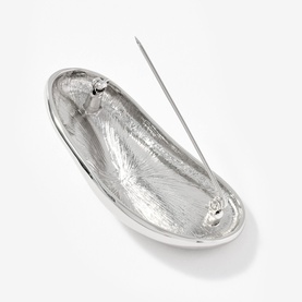 Mint Velvet silver elongated oval brooch with textured surface and pin fastening, polished metallic finish