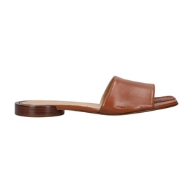 Martin Margiela Tabi Sandals Flats in tan leather with open toe, wide strap, and dark wood-effect low heel, side profile view