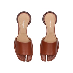 Martin Margiela Tabi Sandals Flats in tan leather, overhead view showing split-toe detail and wide front strap with low heel
