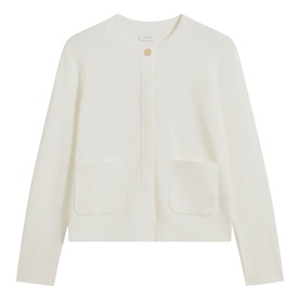 Hobbs cream collarless knit jacket with patch pockets and single button fastening