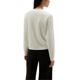 Model wearing Hobbs cream long-sleeve top, back view, styled with black wide-leg trousers
