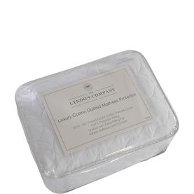 The Lyndon Company Luxury Cotton Quilted Mattress Protector, white, packaged in clear plastic wrap with label visible.