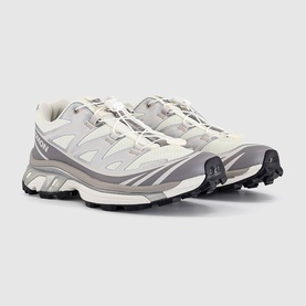 Salomon XT-6 trainers in Vanilla Ice Silver Lilac, chunky trail sole, grey mesh and suede upper with silver overlays