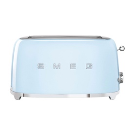 Smeg 4 Slice Long Slot Toaster in pastel blue with chrome base, embossed logo, and side control dial