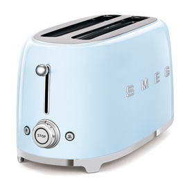 Smeg 4 Slice Long Slot Toaster in pastel blue with chrome accents, embossed logo, and wide slots, angled view.