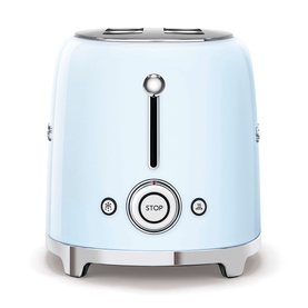 Smeg 4 Slice Long Slot Toaster in pastel blue with chrome accents, STOP button, and silver feet, front view.