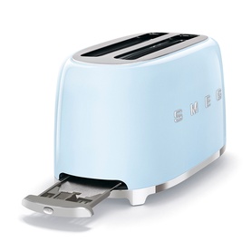 Smeg 4 Slice Long Slot Toaster in pastel blue with chrome crumb tray open, silver logo lettering and polished base detail.