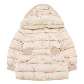 Abel y Lula champagne quilted hooded puffer jacket with fur-trim hood, elasticated cuffs, and patch pockets