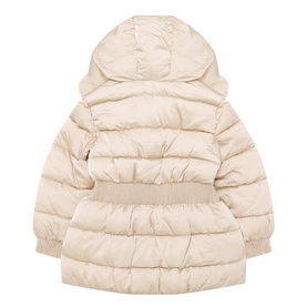 Abel y Lula champagne quilted puffer jacket for children, rear view showing attached hood and ribbed waistband detail