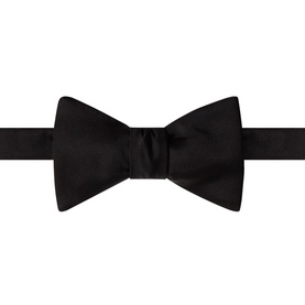Eton black silk self-tie bow tie, flat lay showing classic butterfly shape and smooth satin finish