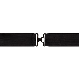 Eton black silk bowtie laid flat, showing centre clasp fastening and ribbed texture detail