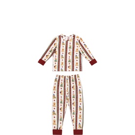 Chelsea Peers children's chip stripe off white pyjama set with long-sleeve top and bottoms, featuring festive stripe print and burgundy cuffs