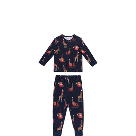 Chelsea Peers children's navy pyjama set with festive giraffe print, long-sleeve top and elasticated jogger bottoms