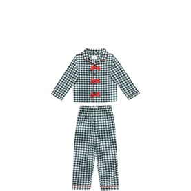 Chelsea Peers kids green gingham pyjama set with red bow buttons, long-sleeve top and matching trousers
