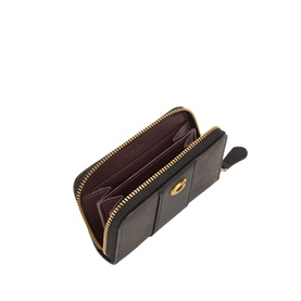 Coach Small Wallet in Walnut Black faux leather, open zip-around style with gold-tone zip, revealing burgundy interior card slots