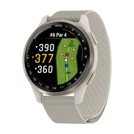 Garmin Approach S50 Smart Watch in cream, round GPS golf watch with colour course map display and textured silicone strap