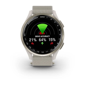 Garmin Approach S50 Smart Watch in cream, showing golf drive accuracy radar screen display with light beige fabric strap and gold-tone case.