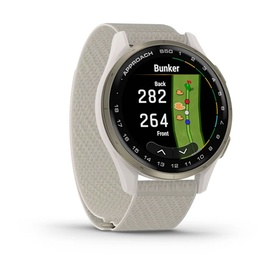 Garmin Approach S50 Smart Watch in cream, displaying golf course GPS map with yardage data on round dial face