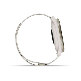 Garmin Approach S50 Smart Watch in cream, side profile view showing slim silhouette, mesh-style strap and gold-tone casing.