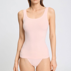 Model wearing Hanro Rosewater vest top with matching brief, scoop neckline and wide shoulder straps