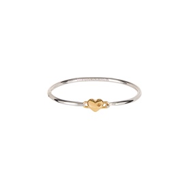 Kate Spade Heart Charm Bangle in silver tone with gold-tone heart charm detail, thin curved bangle with embossed branding