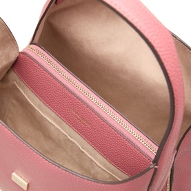 Kate Spade Pomegranate leather crossbody bag interior view, showing zip pocket, gold-tone zip and pale pink suede lining
