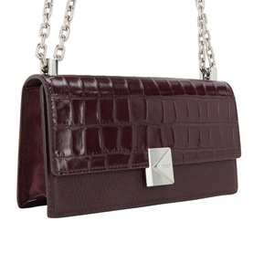 Kate Spade Blackberry Jam leather crossbody bag with croc-embossed flap, silver-tone hardware clasp, and silver chain strap.
