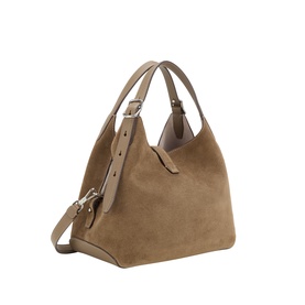 Kate Spade Driftwood crossbody bag in suede leather, taupe tone, dual top handles and detachable shoulder strap, silver-tone hardware