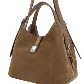 Kate Spade Driftwood suede crossbody bag with silver pyramid stud detail, dual top handles and detachable shoulder strap