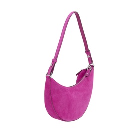 Kate Spade fuchsia suede leather crossbody bag with crescent silhouette, slim shoulder strap and silver-tone hardware