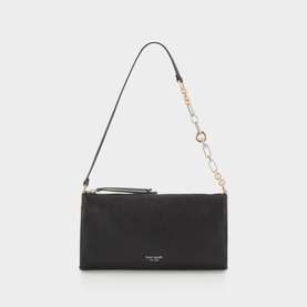 Kate Spade black leather pouch bag with gold-tone chain and slim shoulder strap, zip top closure, logo plaque detail