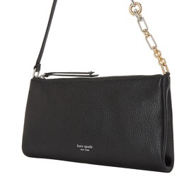 Kate Spade black leather pouch with gold chain strap, silver zip, and pebbled texture. Dual strap options visible.